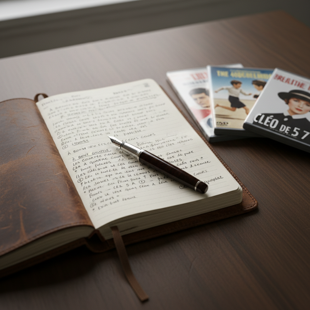 A close-up of an elegant, well-worn film critic’s notebook, its thick cream pages filled with compact handwritten notes and underlined titles of Nouvelle Vague classics. A fine fountain pen with a dark resin barrel rests across the spine. Beside it, three carefully arranged DVD cases of French New Wave films fan out, their covers in soft focus. The scene is set on a dark walnut table with a subtle matte finish. Soft overcast window light streams from the left, creating delicate shadows along the inked lines and pen nib. Photographic realism, shot from a slightly top-down angle with shallow depth of field, the atmosphere is quiet, studious, and sophisticated, capturing the introspective process behind detailed film analysis.